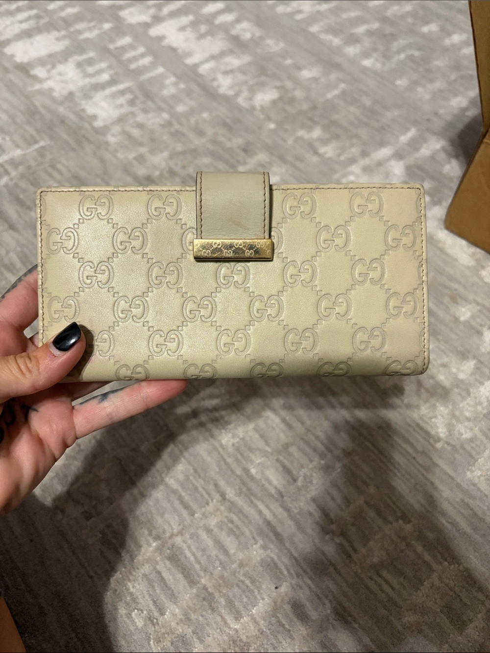 Gucci Cream GG Continental Wallet with Gold-Tone Accent